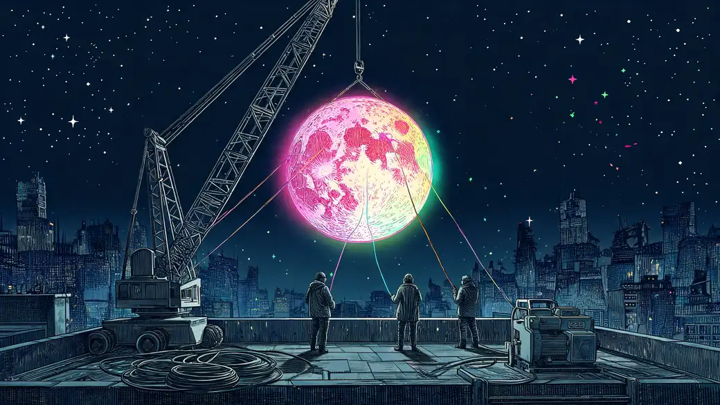 Crane Hoisting A Glowing Moon Over The City