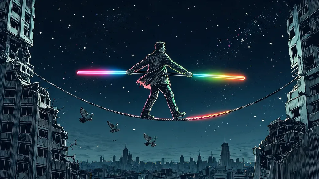 Tightrope Walker Between Dead Skyscrapers