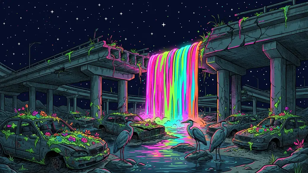 Rainbow Waterfall Pouring From A Broken Overpass