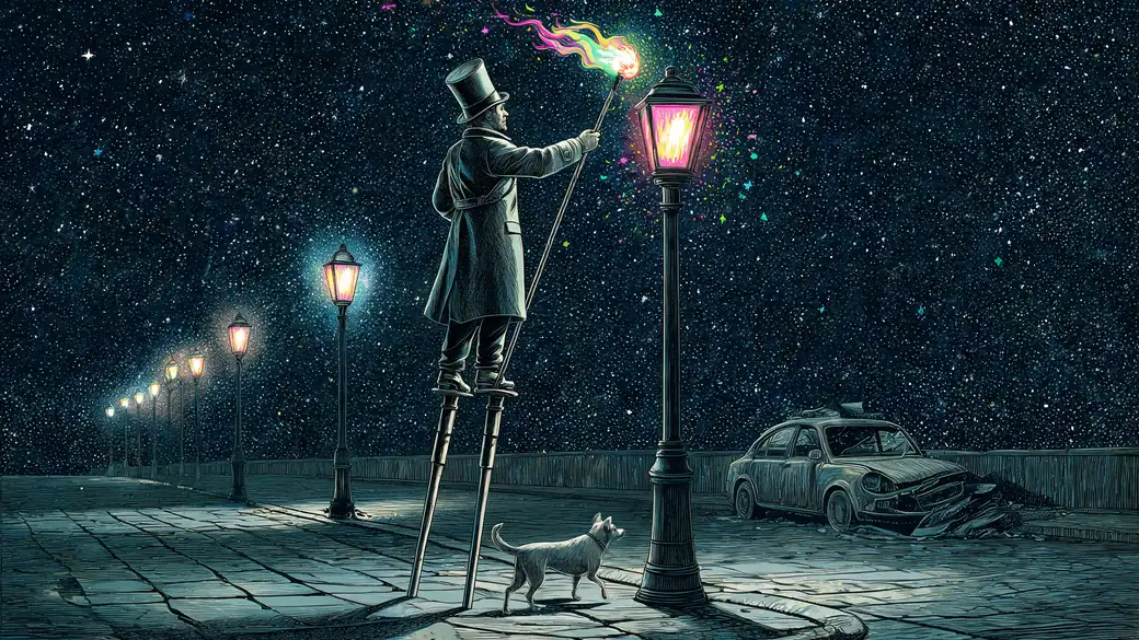 Lamplighter On Stilts Lighting A Street Lamp