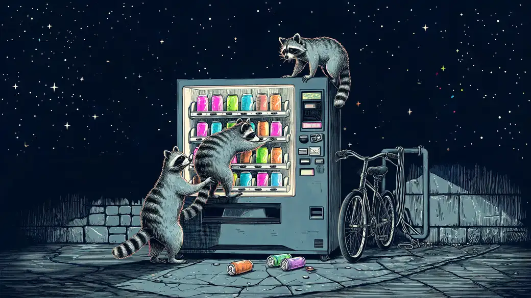 Raccoons Raiding a Vending Machine at Night