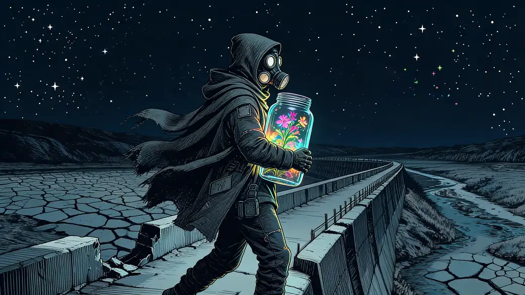Wanderer Carrying Glowing Jar Of Flowers On Dam