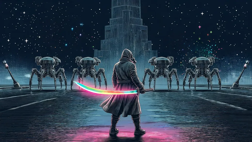 Samurai Standing Against Spider Machines