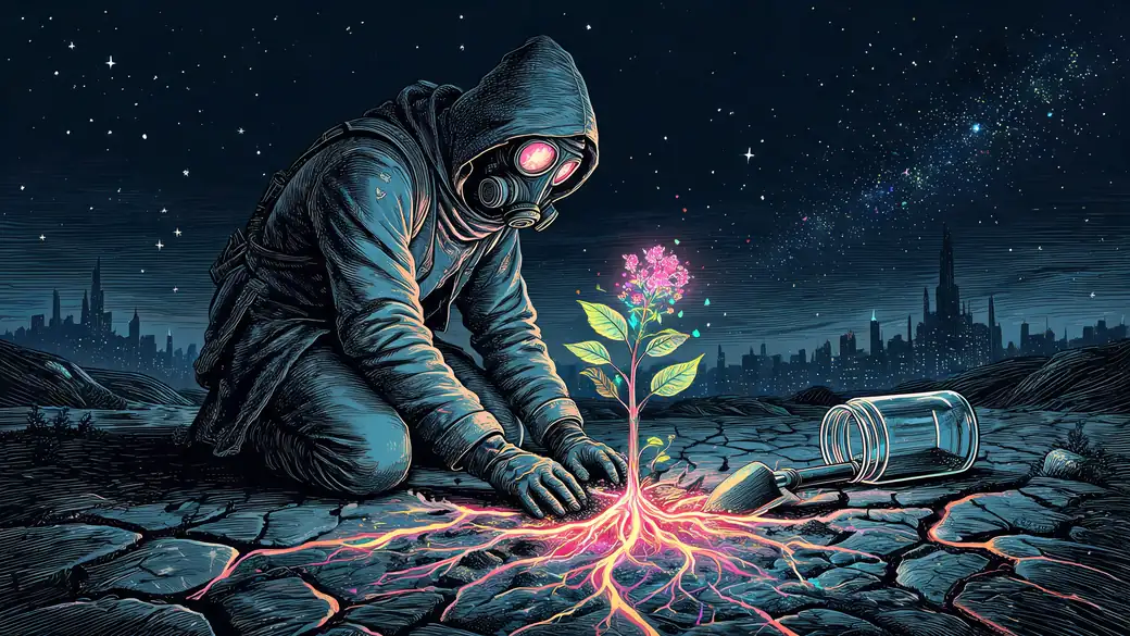 Gas Mask Wanderer Planting A Glowing Flower