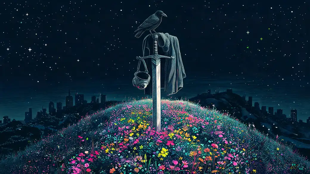 Sword In A Hill Of Wildflowers With Crow