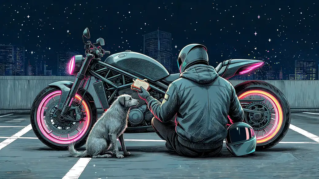 Motorcycle Rider Sharing Sandwich With Stray Dog