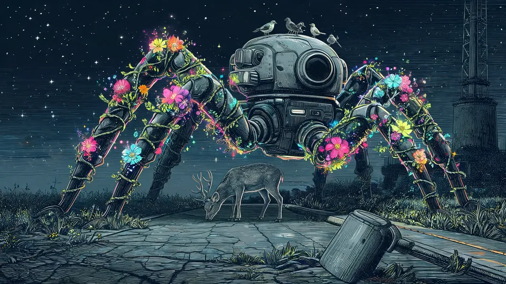 Frozen Spider Machine Covered In Flowers