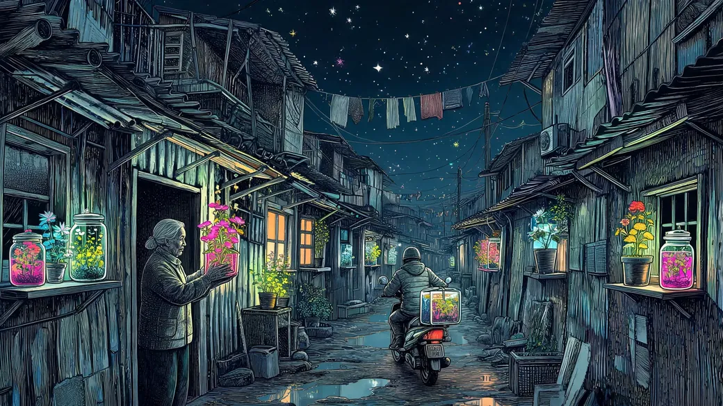 Slum Lane Lit By Glowing Jar Plants
