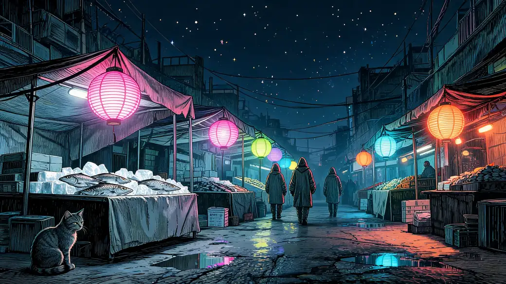 Night Market Street With Glowing Paper Lanterns