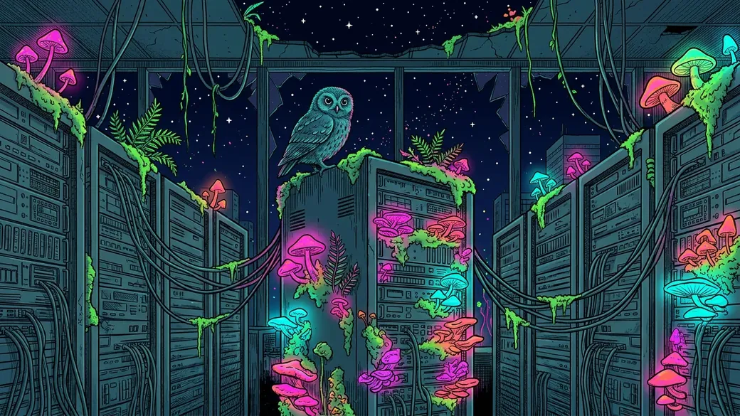 Owl On Mushroom Covered Servers