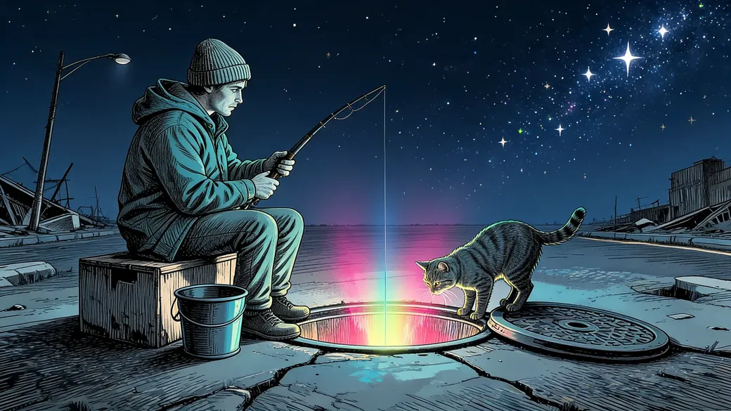 Man Fishing Down An Open Manhole