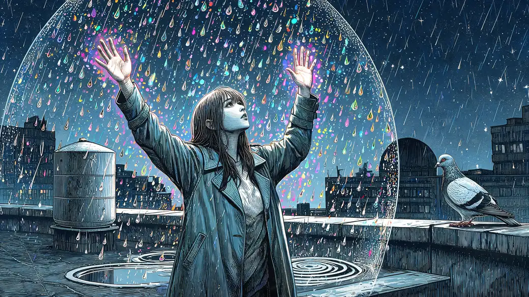 Woman Freezing Rain In Midair On A City Rooftop