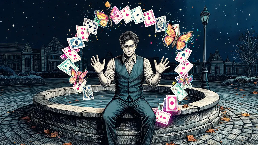 Card Magician Hovering A Deck By A Fountain