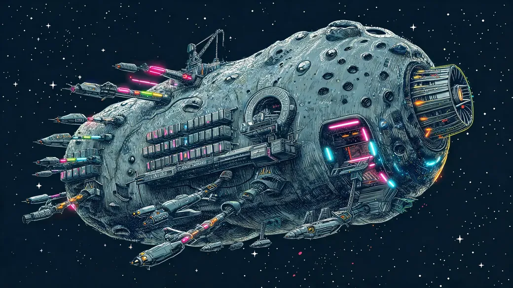 Hollow Asteroid Station With Ships