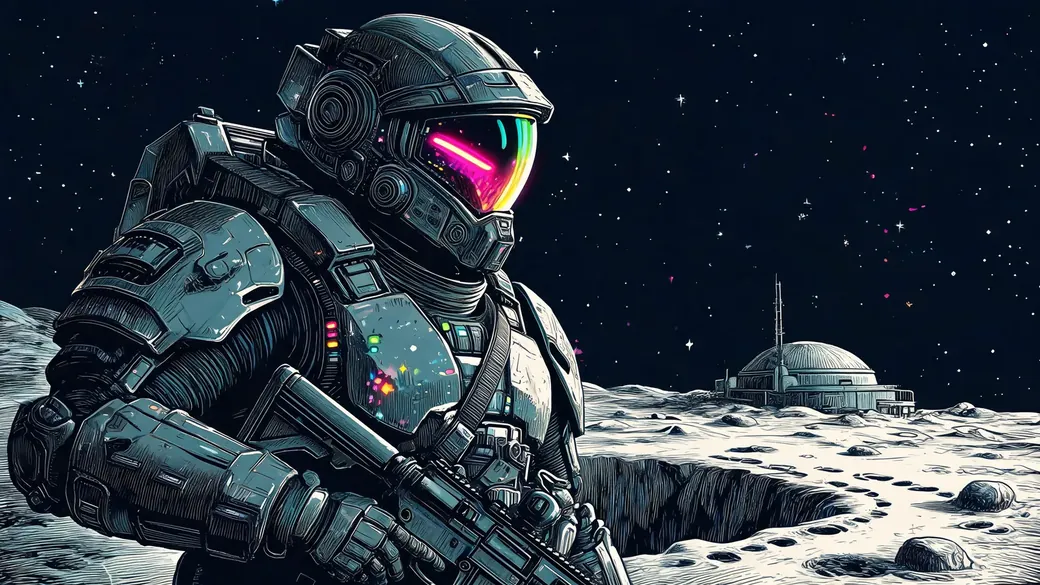 Armored Soldier Guarding A Crater Rim