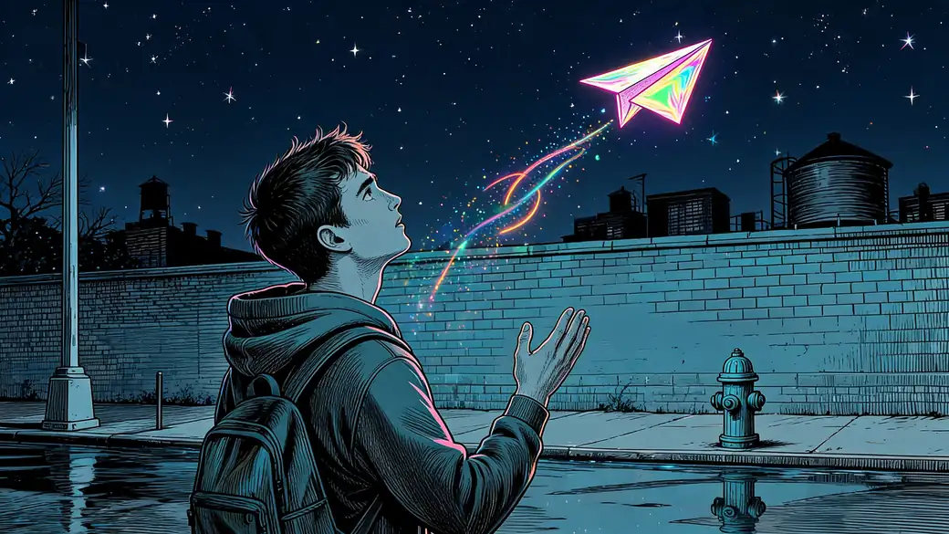 Man Catching A Glowing Rainbow Paper Airplane