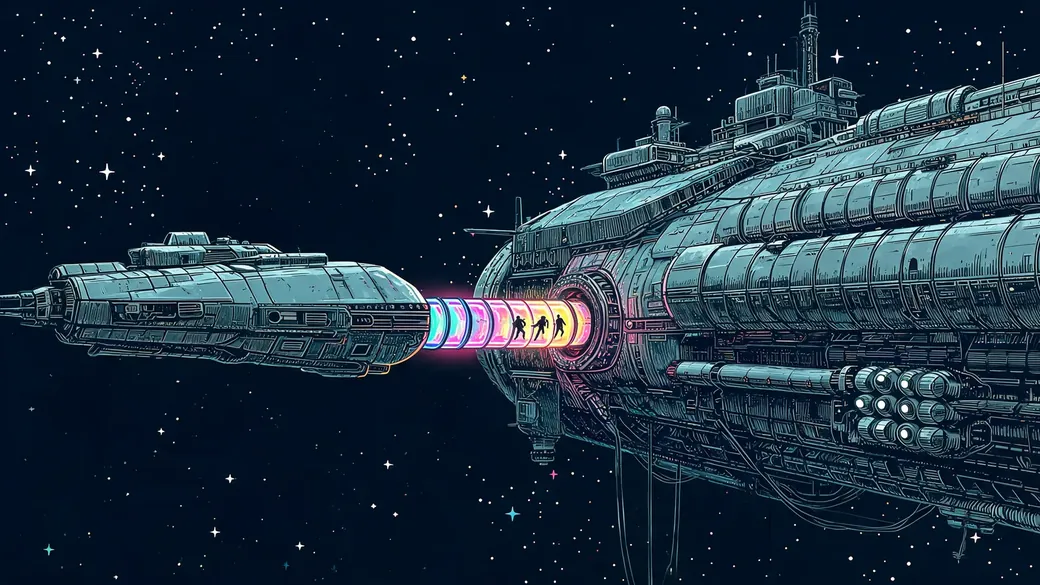 Gunship Docked To An Old Freighter