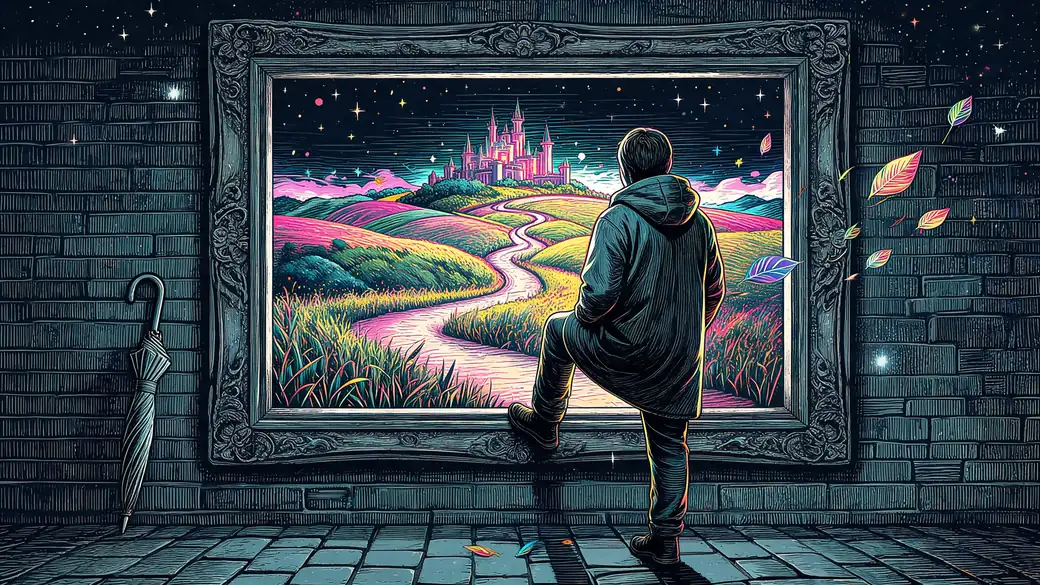 Man Stepping Into A Magic Painting Of Another World