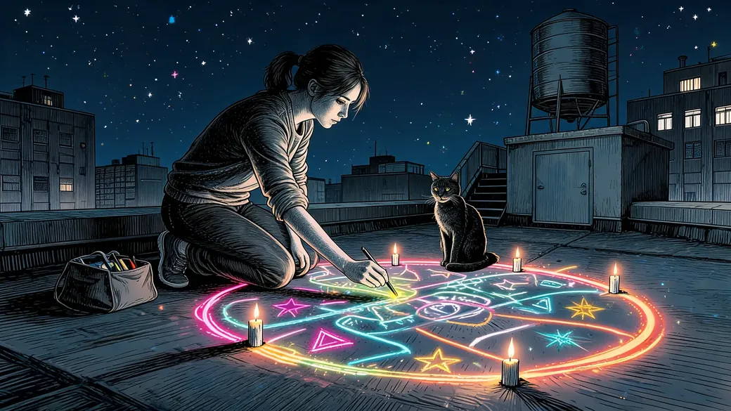 Woman Chalking A Spell Circle On A Rooftop