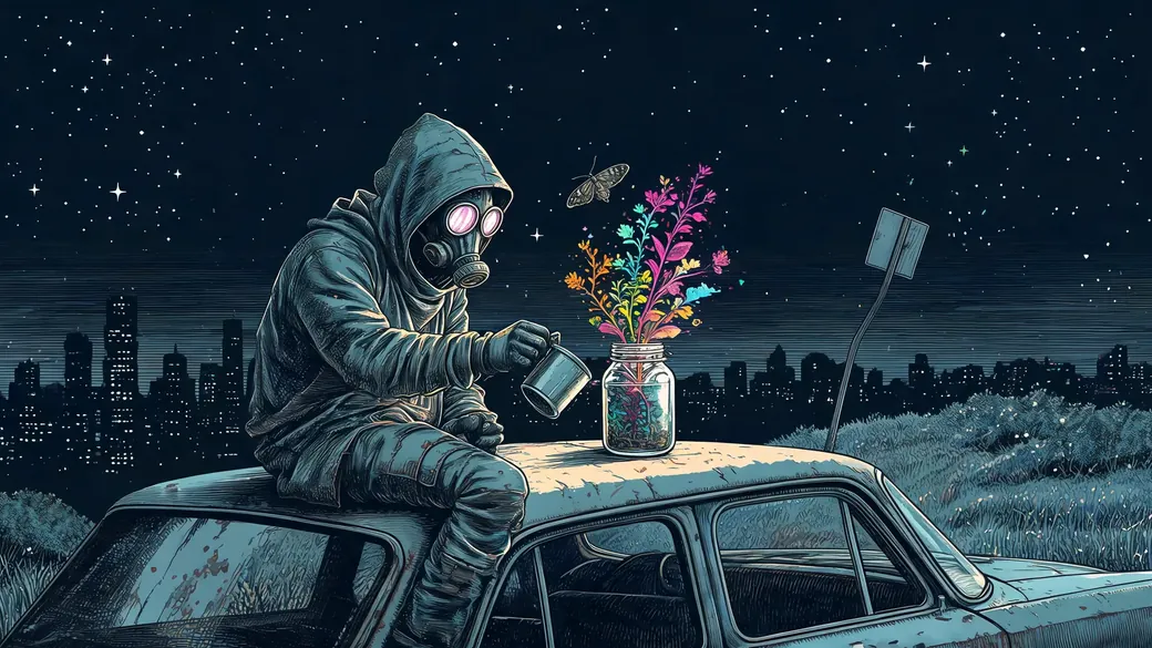 Wanderer Resting On A Rusted Car