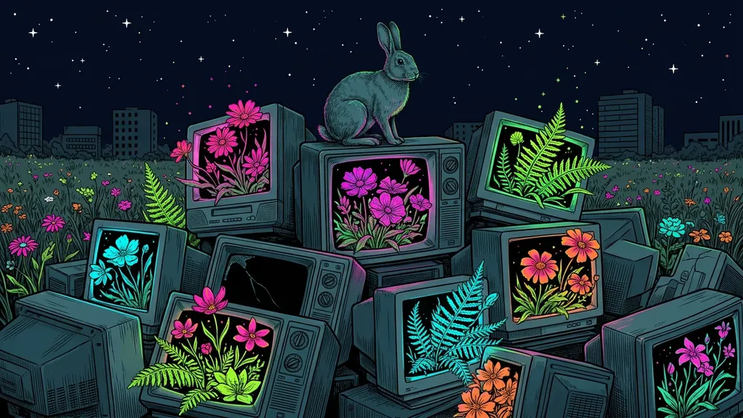 Rabbit On A Pile Of Flower Televisions