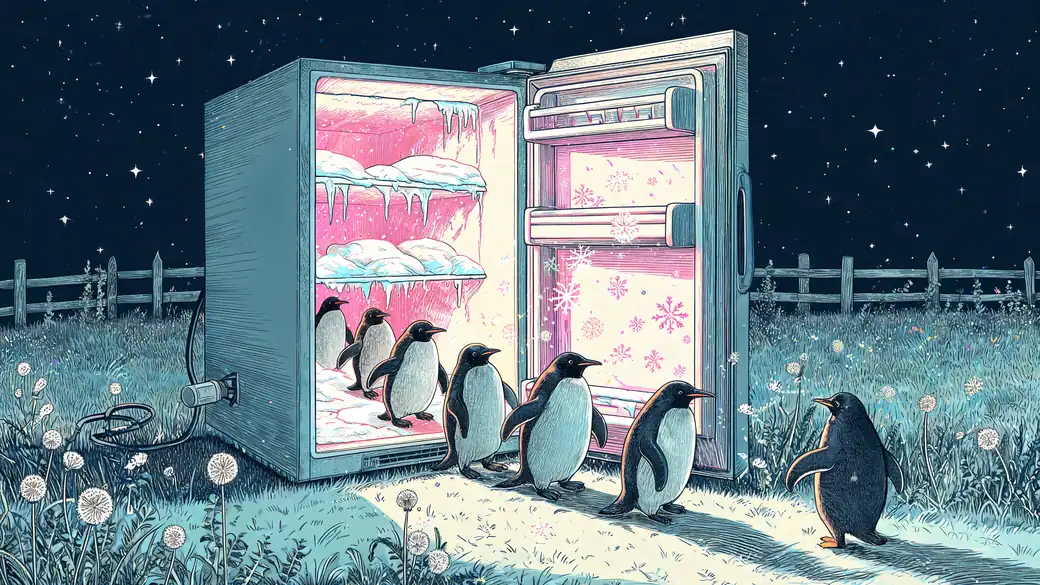 Penguins Lining Up at an Open Fridge in a Field