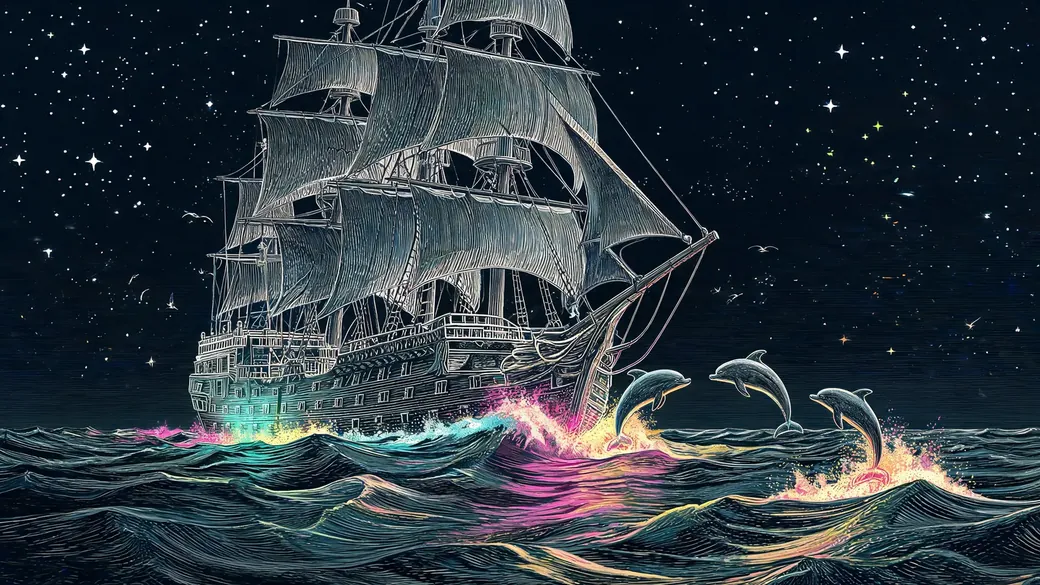 Sailing Ship With Leaping Dolphins