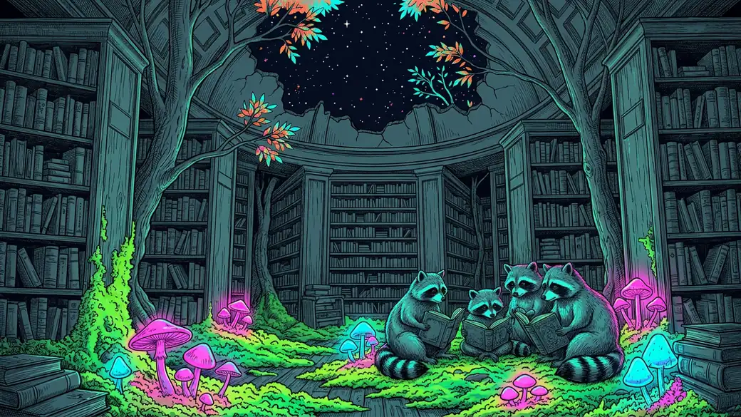 Raccoons Reading Books In An Overgrown Library