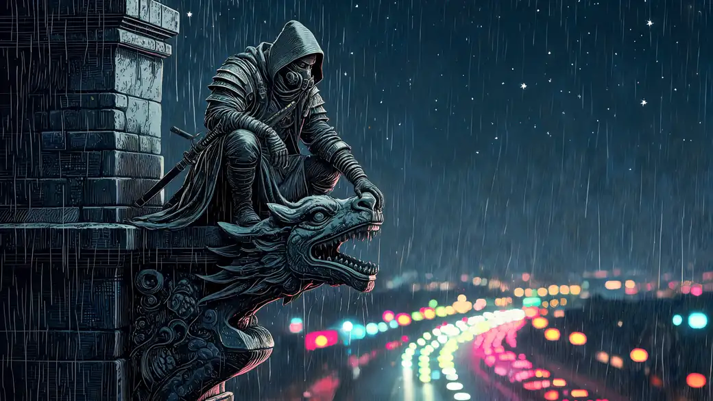 Hooded Samurai Crouched On Dragon Gargoyle In Rain