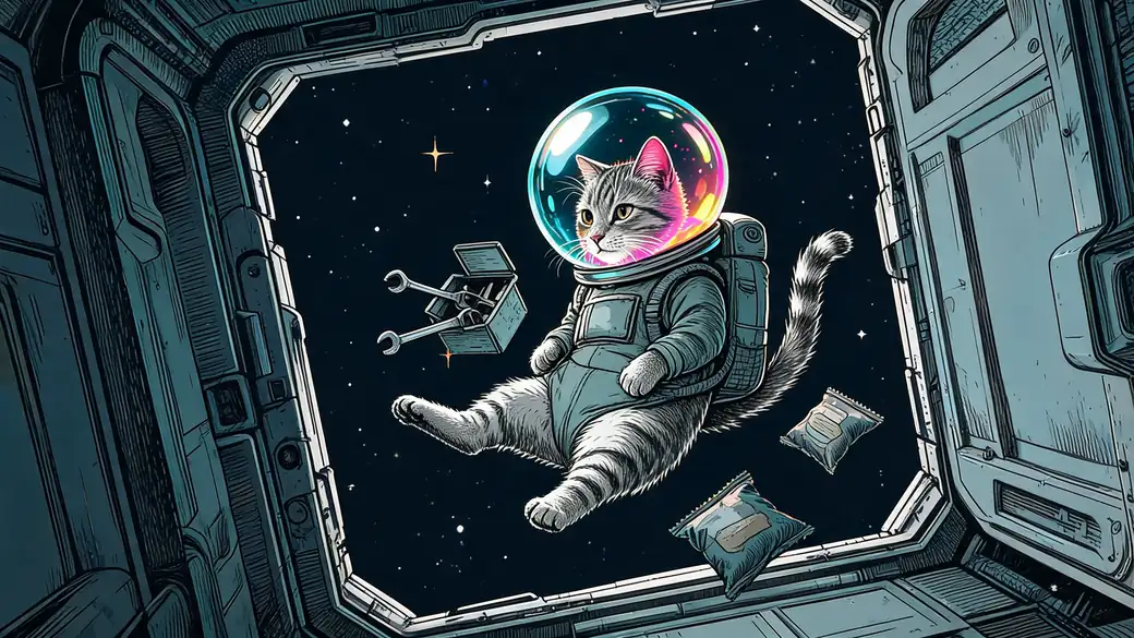 Space Cat Astronaut Floating Outside Ship Hatch