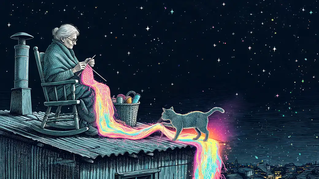 Grandma Knitting Rainbow Yarn On A Tin Roof