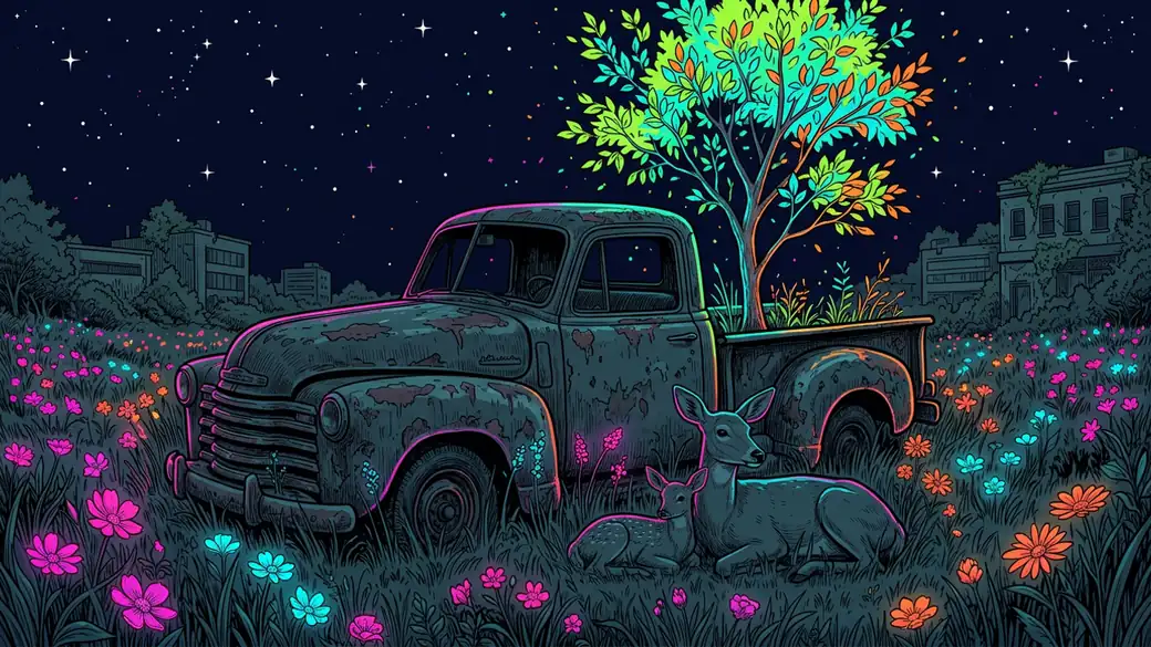Deer Resting By A Rusty Old Pickup Truck