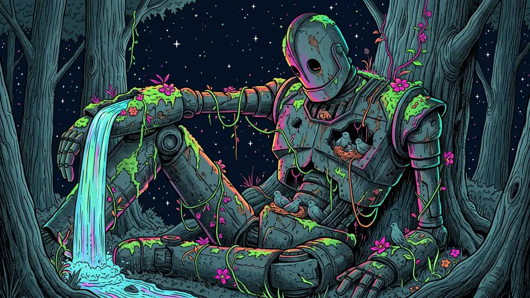 Giant Overgrown Robot With A Waterfall Arm