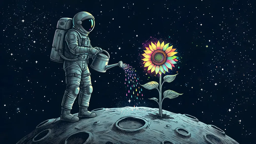 Astronaut Watering A Giant Sunflower