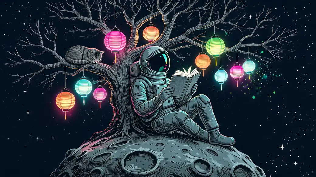 Astronaut Reading Under Lantern Tree With Cat