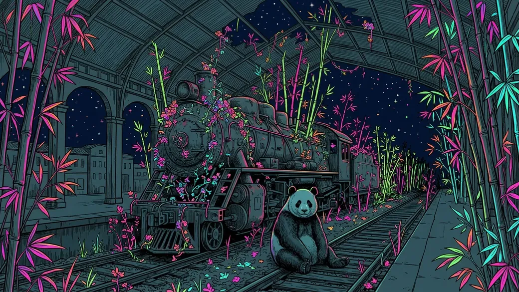 Panda By A Bamboo Covered Locomotive