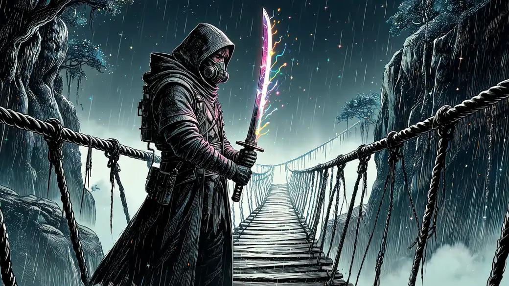 Samurai Drawing Glowing Katana On Rope Bridge