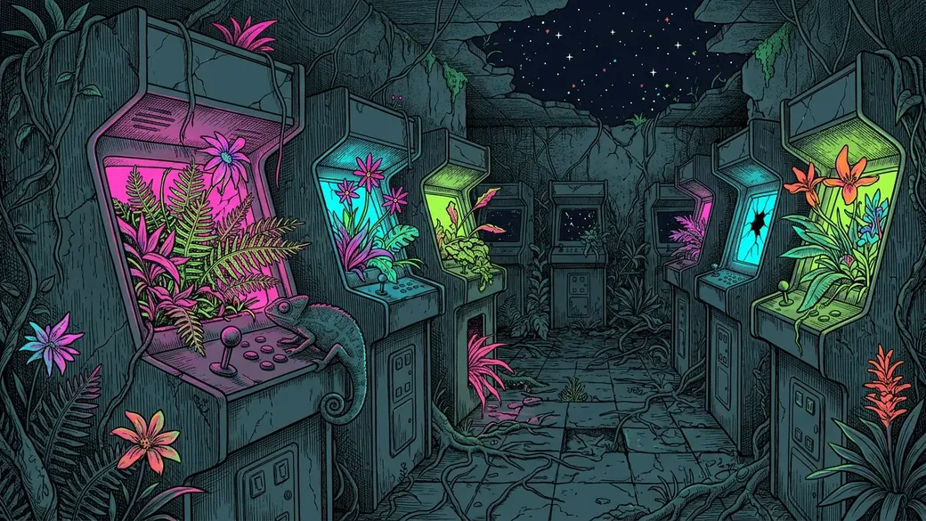 Chameleon In An Overgrown Arcade