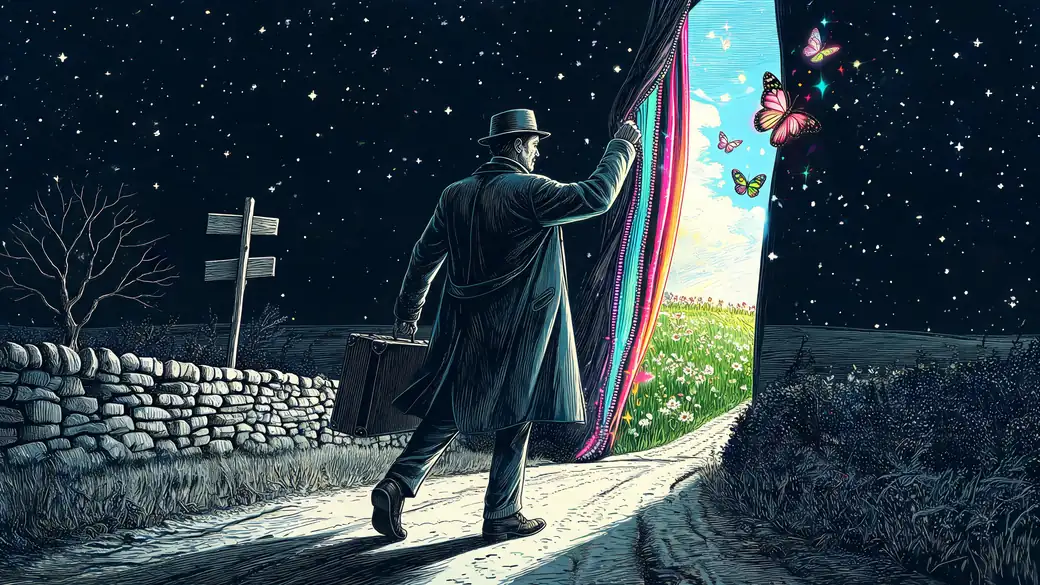 Traveler Pulling Back The Night To A Sunny Meadow
