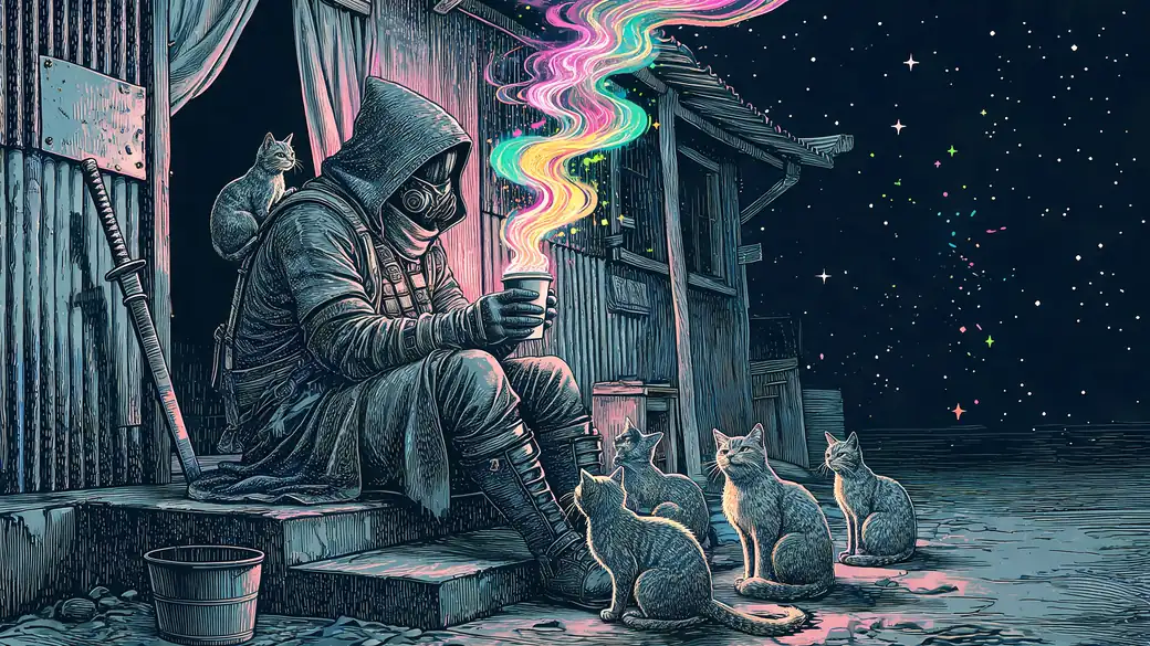 Samurai Drinking Tea Surrounded By Stray Cats