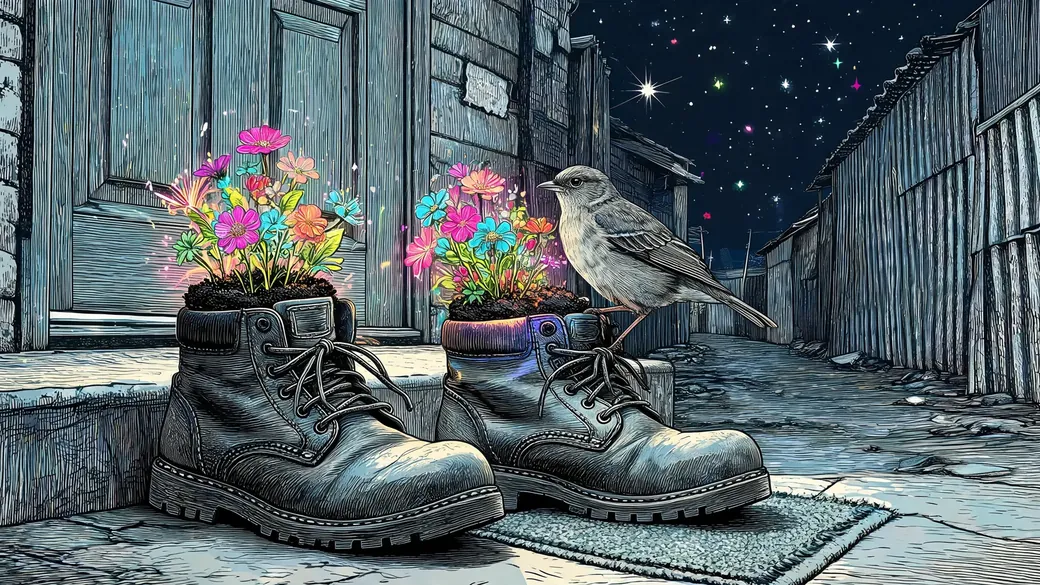 Boots Planted With Flowers On A Doorstep