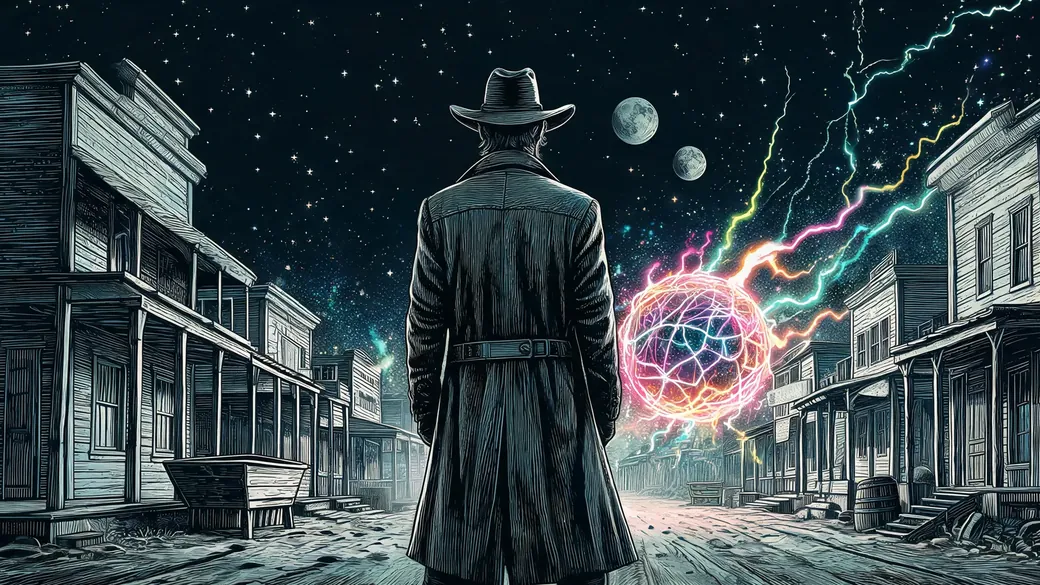 Gunslinger In A Ghost Town Under Two Moons