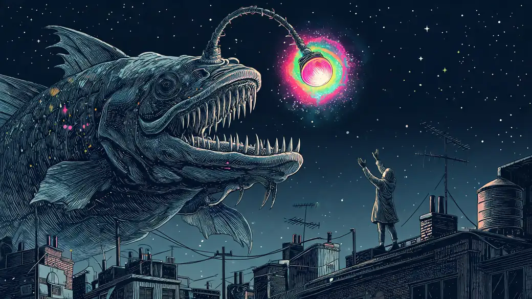 Giant Anglerfish Floating Over City Rooftops