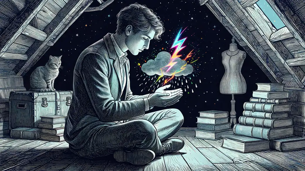 Young Wizard Holding A Tiny Storm Cloud In The Attic