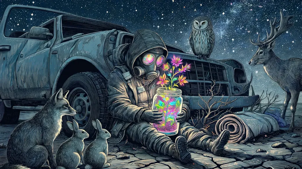 Gas Mask Wanderer Asleep Against A Truck