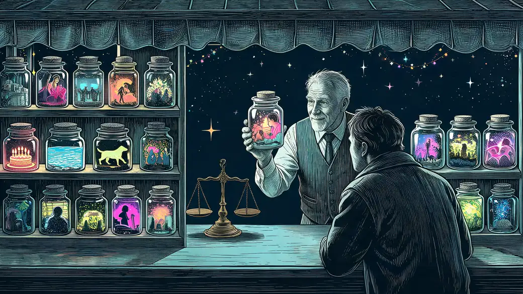Old Shopkeeper Selling Memories In Glass Jars