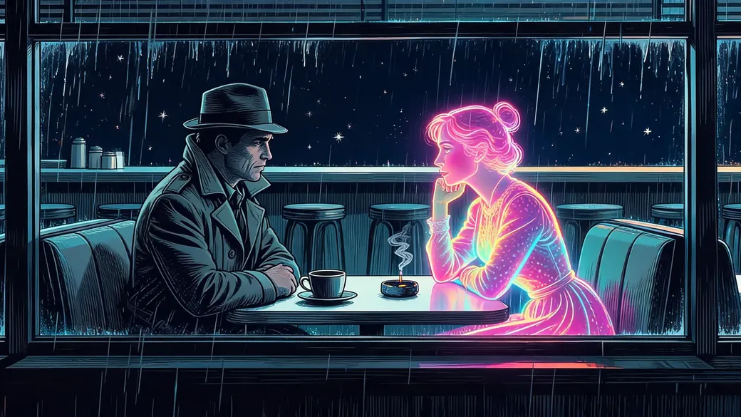 Detective Alone In A Rainy Diner