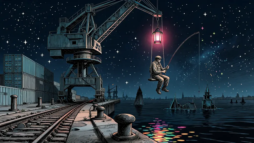 Dock Worker Swinging From A Crane