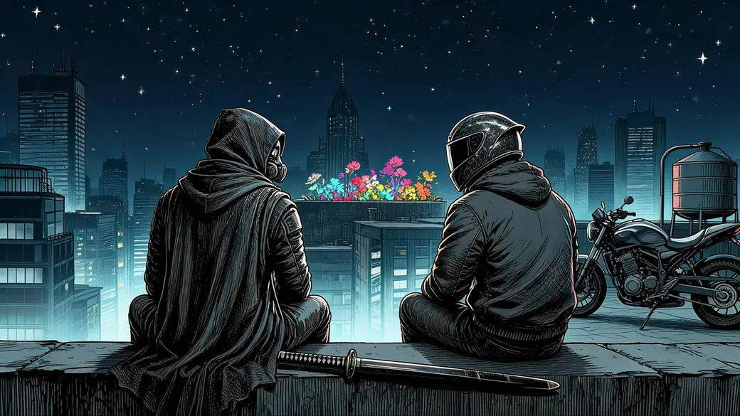 Samurai And Courier On A Rooftop Edge