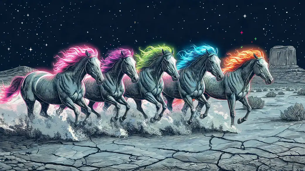 Five Wild Horses With Rainbow Manes